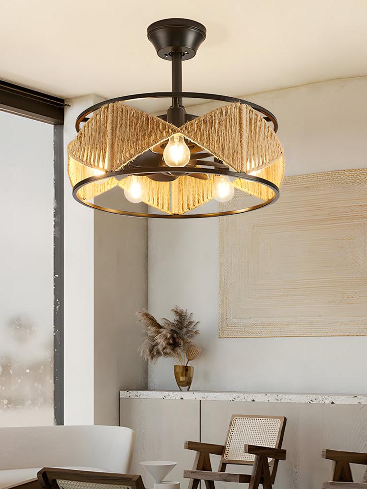 20-in Hemp Rope-Woven Caged Ceiling Fan with Light and Remote, 6-Speed