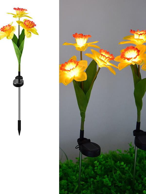Luci solari a forma di narciso, 2 pezzi, lampada solare a LED per esterni, impermeabile, per sentieri, 3 teste LED, luce solare a risparmio energetico, per balcone, portico, giardino, passerella